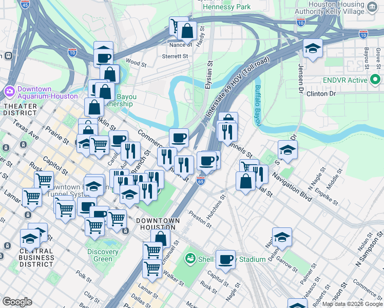 map of restaurants, bars, coffee shops, grocery stores, and more near 15 Chenevert Street in Houston