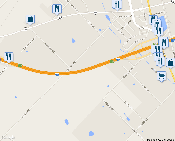 map of restaurants, bars, coffee shops, grocery stores, and more near Interstate 10 in Sealy