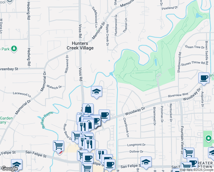 map of restaurants, bars, coffee shops, grocery stores, and more near 6559 Bayou Glen Road in Houston