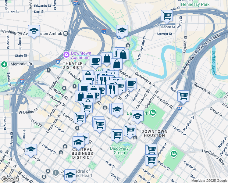 map of restaurants, bars, coffee shops, grocery stores, and more near 1112 Prairie Street in Houston