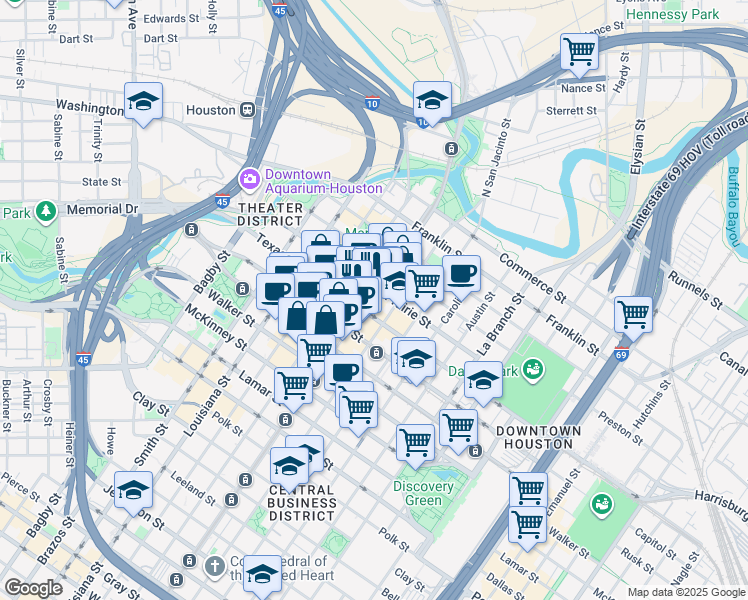 map of restaurants, bars, coffee shops, grocery stores, and more near 502 Main Street in Houston