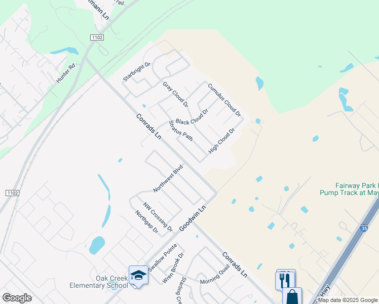 map of restaurants, bars, coffee shops, grocery stores, and more near 741 Great Cloud Drive in New Braunfels