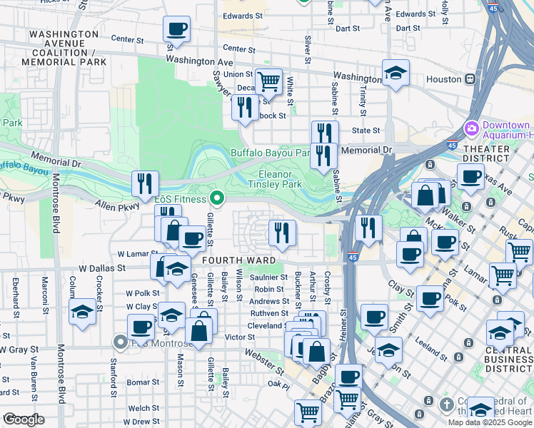 map of restaurants, bars, coffee shops, grocery stores, and more near 1600 Allen Parkway in Houston