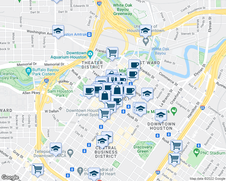 map of restaurants, bars, coffee shops, grocery stores, and more near 600 Travis Street in Houston