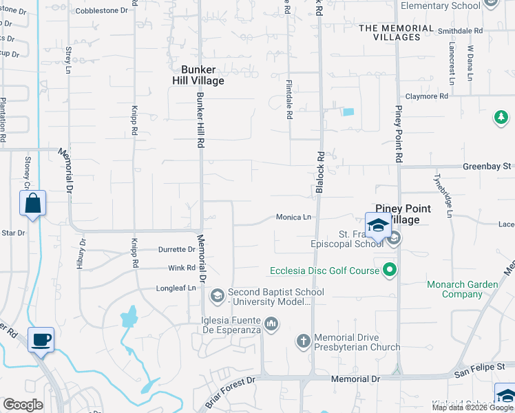 map of restaurants, bars, coffee shops, grocery stores, and more near 11634 Monica Ln in Houston