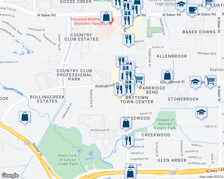 map of restaurants, bars, coffee shops, grocery stores, and more near 1661 Rollingbrook Drive in Baytown