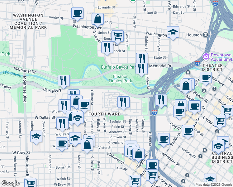 map of restaurants, bars, coffee shops, grocery stores, and more near 1600 Allen Parkway in Houston