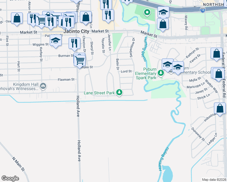 map of restaurants, bars, coffee shops, grocery stores, and more near 1729 Jennifer Lane in Houston