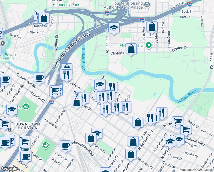 map of restaurants, bars, coffee shops, grocery stores, and more near 316 North Saint Charles Street in Houston