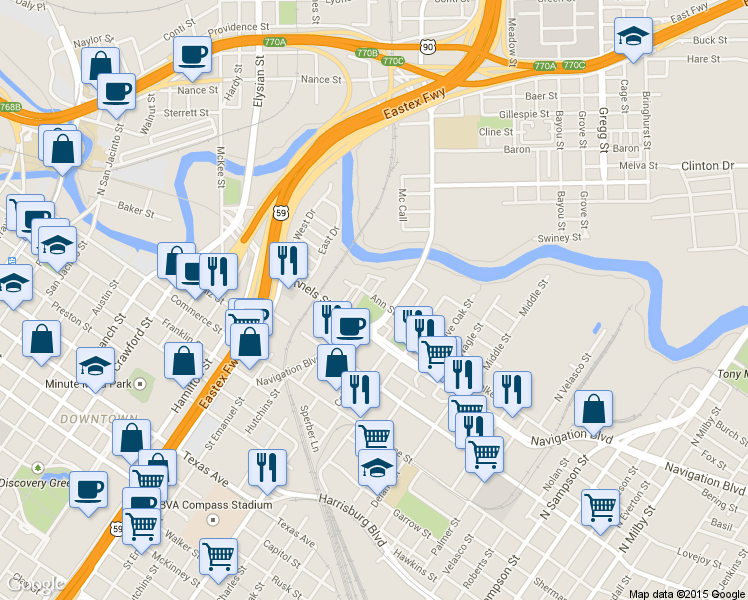 map of restaurants, bars, coffee shops, grocery stores, and more near 2202 Saint Emanuel Street in Houston