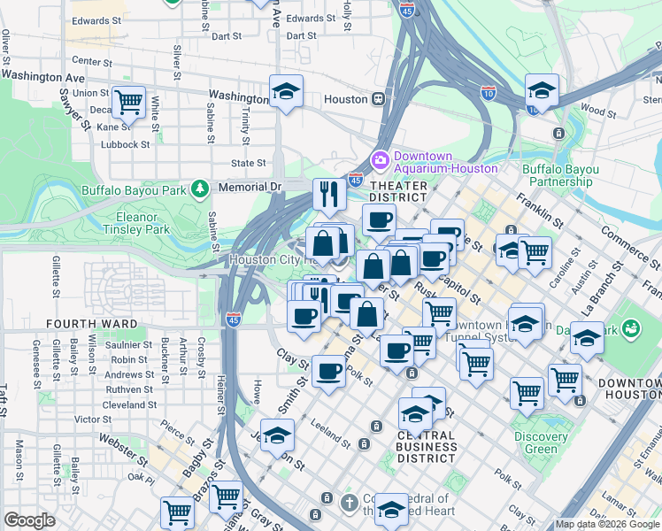 map of restaurants, bars, coffee shops, grocery stores, and more near in Houston