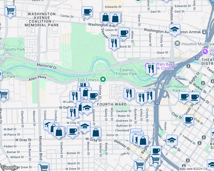 map of restaurants, bars, coffee shops, grocery stores, and more near 1717 Allen Parkway in Houston