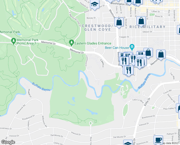 map of restaurants, bars, coffee shops, grocery stores, and more near 19 Crest Wood Drive in Houston