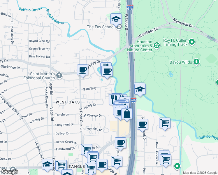 map of restaurants, bars, coffee shops, grocery stores, and more near 4734 Post Oak Timber Drive in Houston