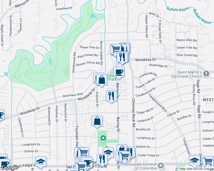 map of restaurants, bars, coffee shops, grocery stores, and more near 5731 Tanglewood Cove Street in Houston