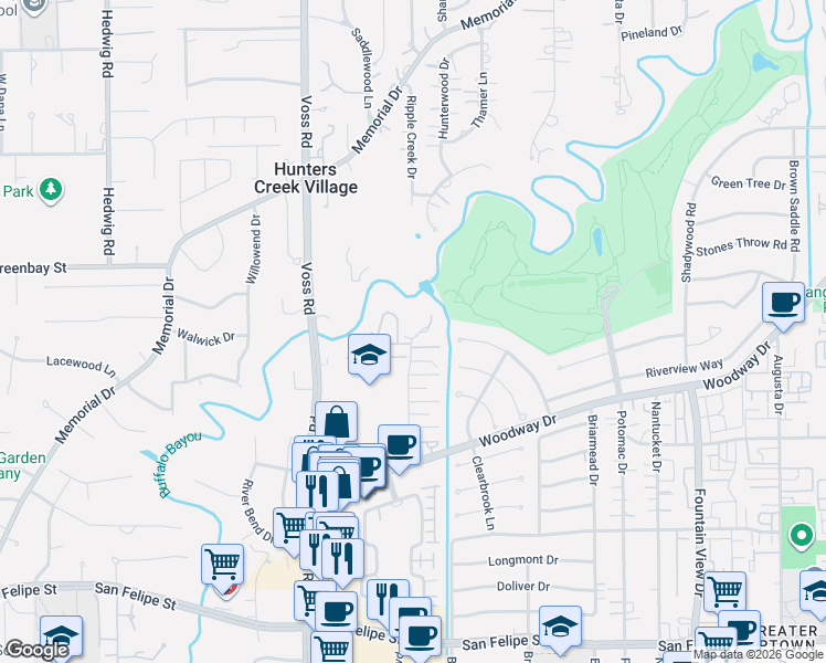 map of restaurants, bars, coffee shops, grocery stores, and more near 6559 Bayou Glen Road in Houston