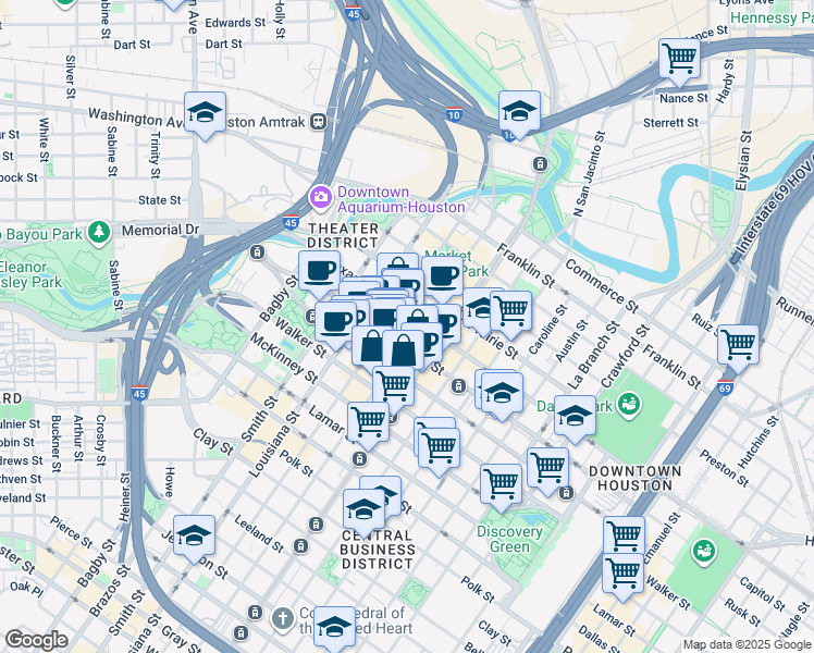 map of restaurants, bars, coffee shops, grocery stores, and more near 600 Travis Street in Houston