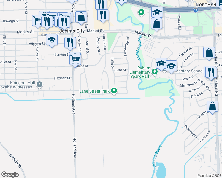 map of restaurants, bars, coffee shops, grocery stores, and more near 11501 Lane Street in Houston