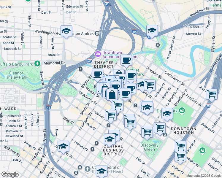 map of restaurants, bars, coffee shops, grocery stores, and more near 700 Rusk Street in Houston