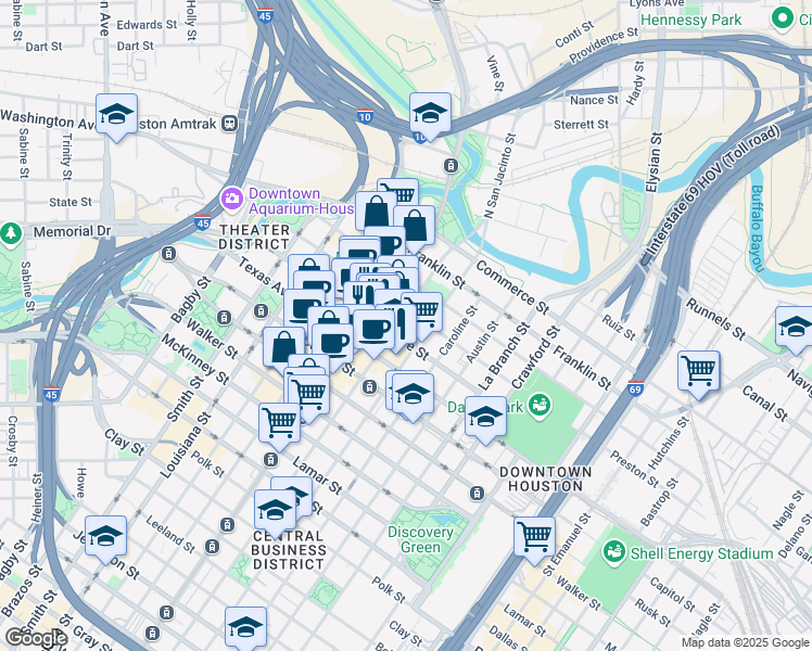 map of restaurants, bars, coffee shops, grocery stores, and more near 407 Fannin Street in Houston