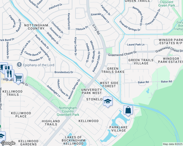 map of restaurants, bars, coffee shops, grocery stores, and more near 1690 Kelliwood Oaks Drive in Katy