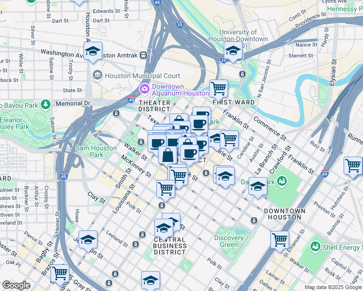 map of restaurants, bars, coffee shops, grocery stores, and more near 600 Travis Street in Houston