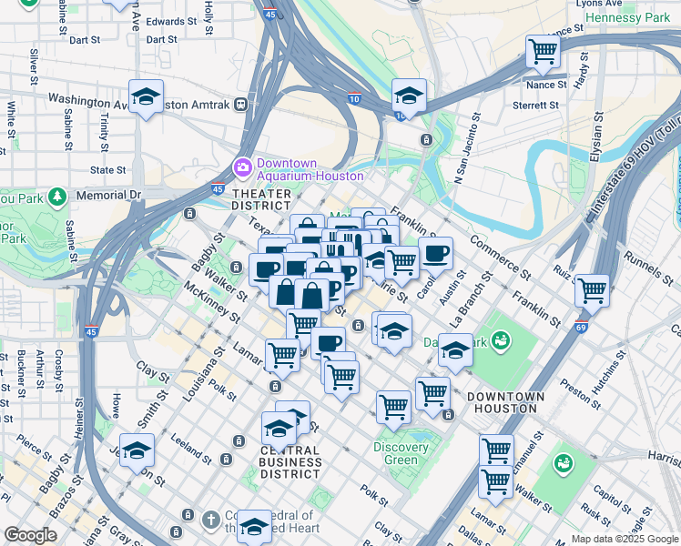map of restaurants, bars, coffee shops, grocery stores, and more near 502 Main Street in Houston