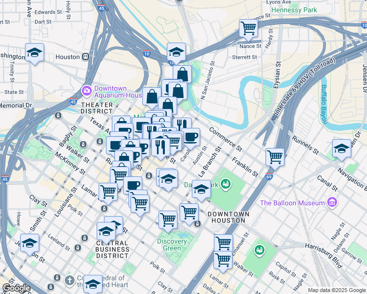 map of restaurants, bars, coffee shops, grocery stores, and more near 1200 Congress Avenue in Houston