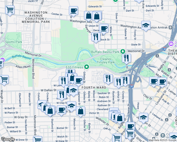 map of restaurants, bars, coffee shops, grocery stores, and more near 1717 Allen Parkway in Houston