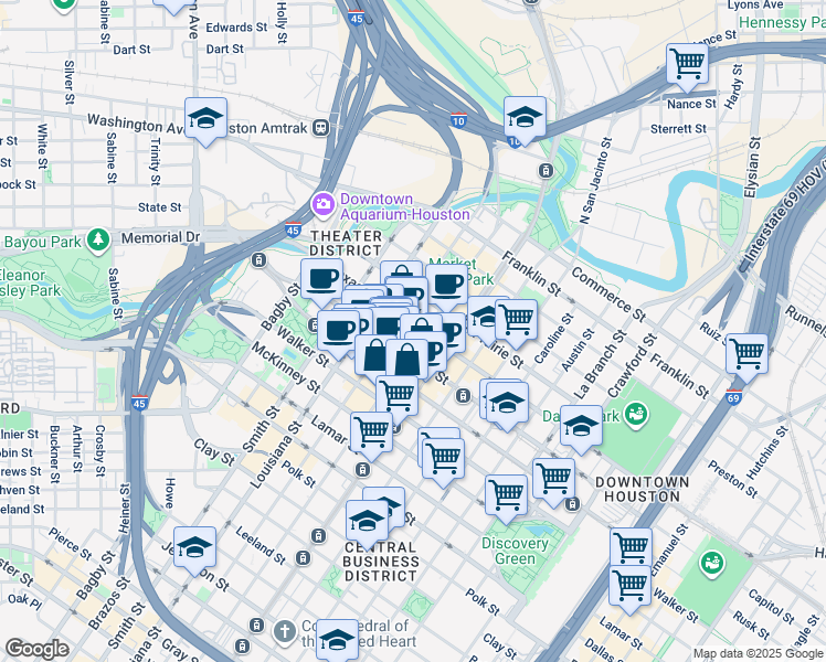 map of restaurants, bars, coffee shops, grocery stores, and more near 600 Travis Street in Houston