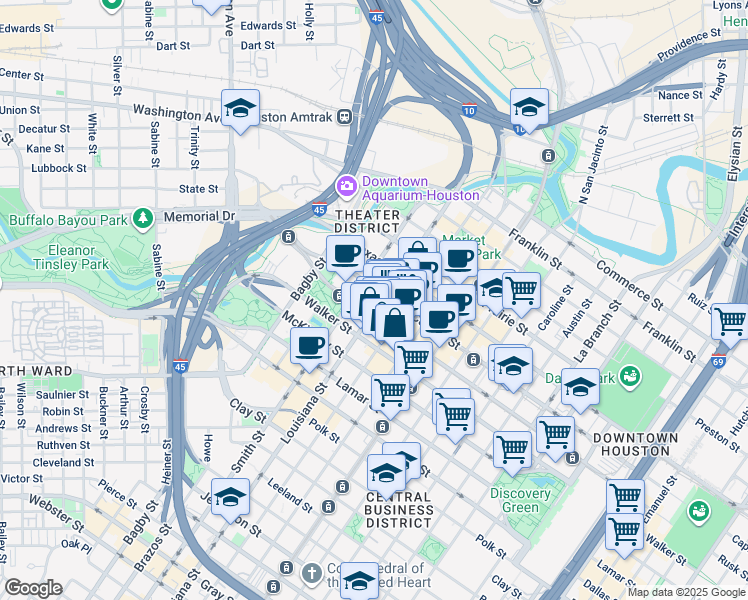 map of restaurants, bars, coffee shops, grocery stores, and more near 700 Louisiana Street in Houston