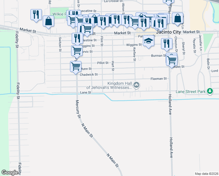 map of restaurants, bars, coffee shops, grocery stores, and more near 10525 Lane Street in Houston