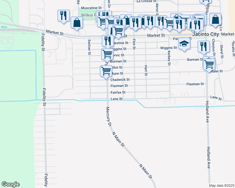 map of restaurants, bars, coffee shops, grocery stores, and more near 10337 Lane Street in Houston