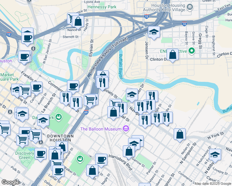 map of restaurants, bars, coffee shops, grocery stores, and more near 2315 Navigation Boulevard in Houston