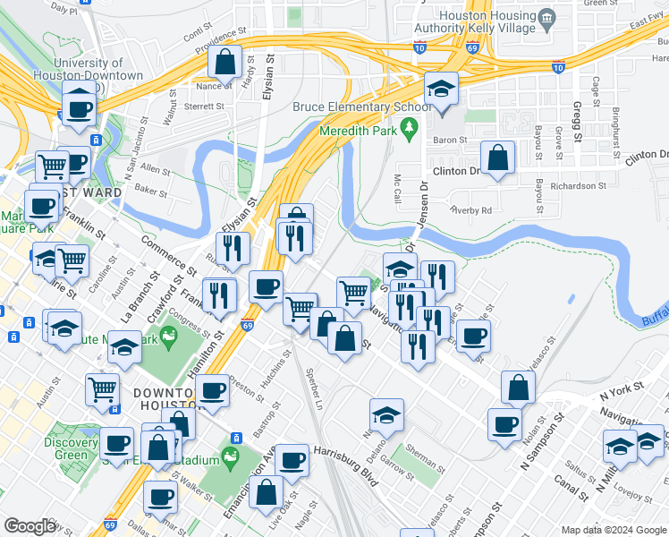 map of restaurants, bars, coffee shops, grocery stores, and more near 2315 Navigation Boulevard in Houston