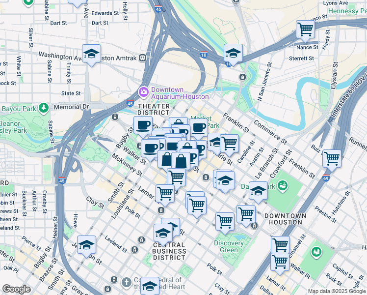 map of restaurants, bars, coffee shops, grocery stores, and more near 600 Travis Street in Houston