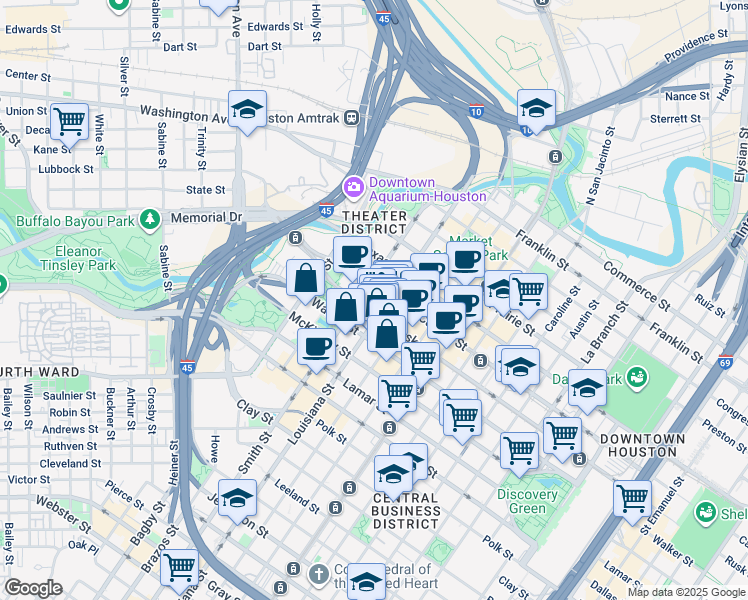 map of restaurants, bars, coffee shops, grocery stores, and more near 625 Walker Street in Houston