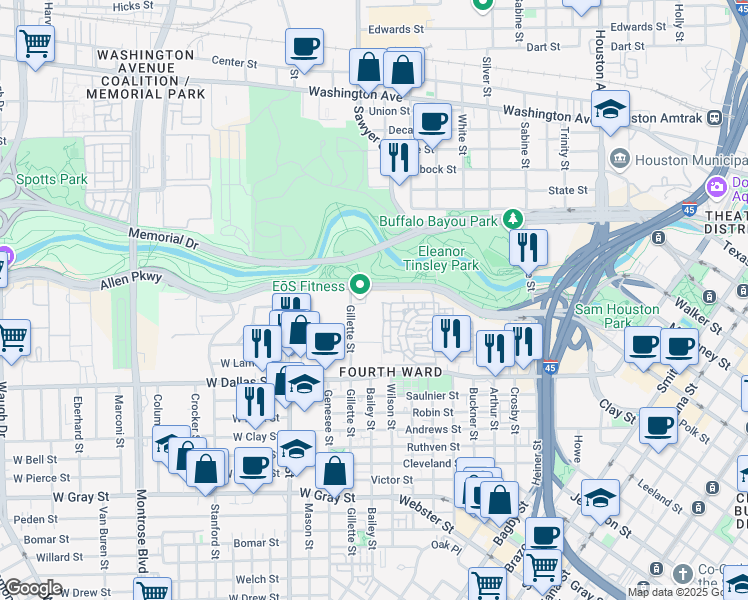 map of restaurants, bars, coffee shops, grocery stores, and more near 1717 Allen Parkway in Houston