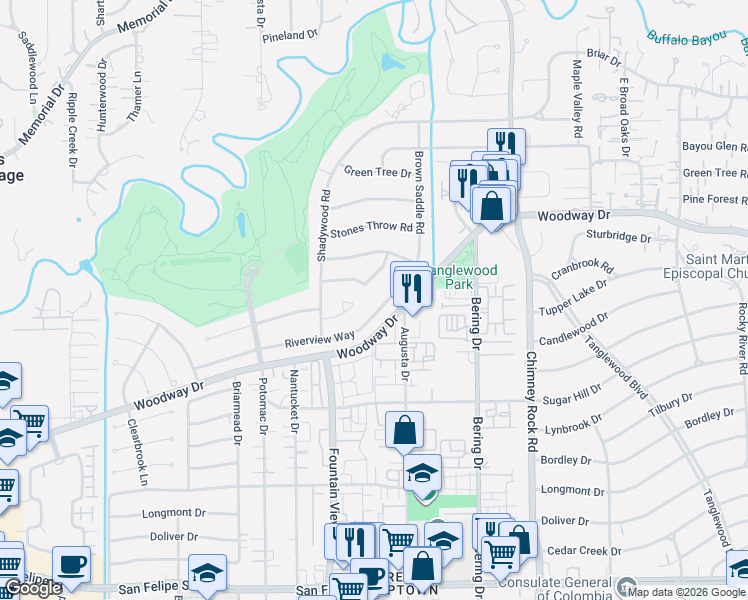 map of restaurants, bars, coffee shops, grocery stores, and more near 5991 Riverview Way in Houston