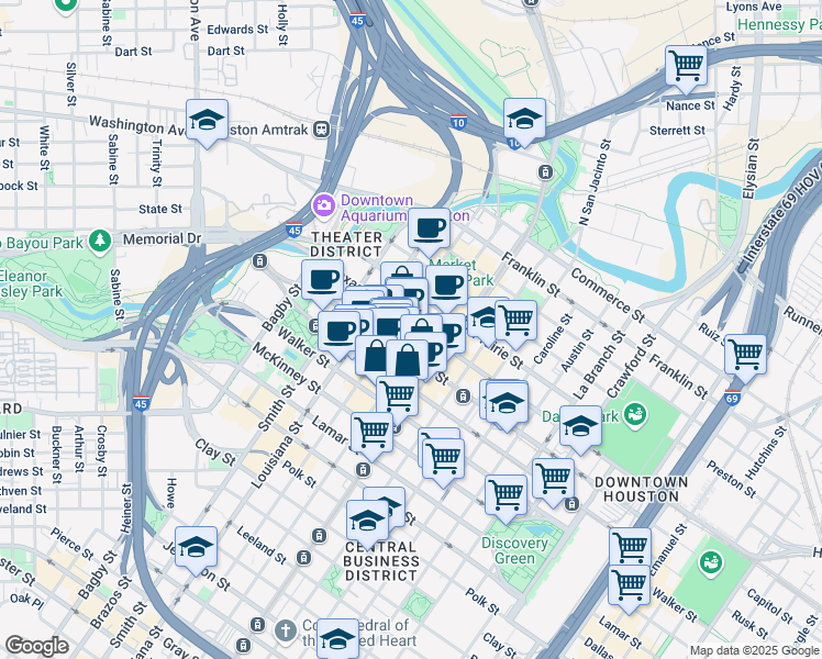 map of restaurants, bars, coffee shops, grocery stores, and more near 600 Travis Street in Houston