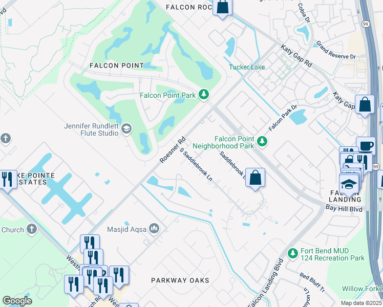 map of restaurants, bars, coffee shops, grocery stores, and more near 2707 Saddlebrook Lane in Katy