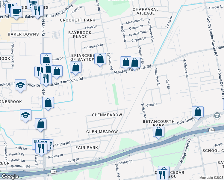 map of restaurants, bars, coffee shops, grocery stores, and more near 918 Running Creek Court in Baytown