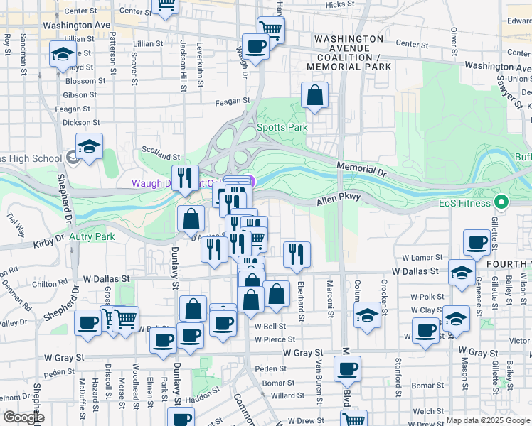 map of restaurants, bars, coffee shops, grocery stores, and more near 2929 Allen Parkway in Houston