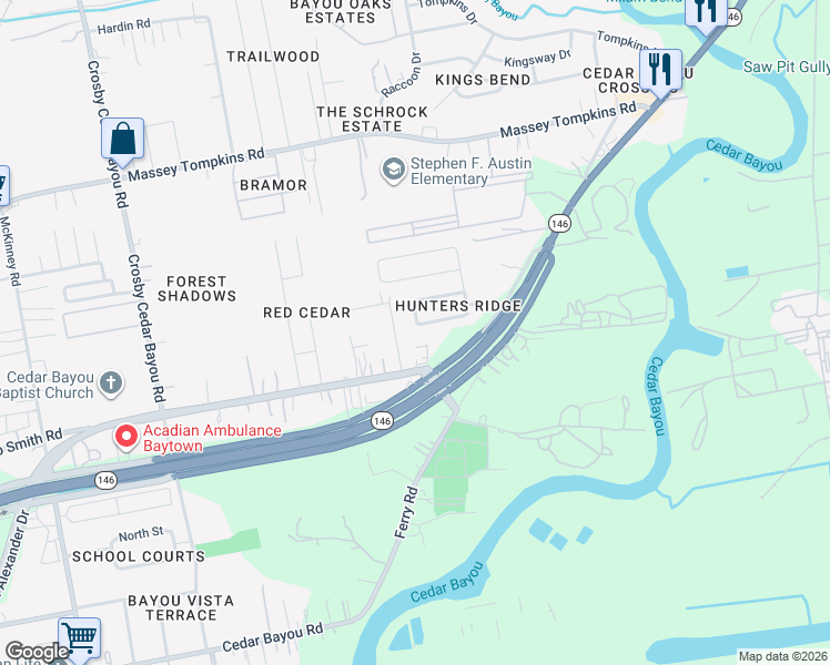 map of restaurants, bars, coffee shops, grocery stores, and more near 3750 North Alexander Drive in Baytown