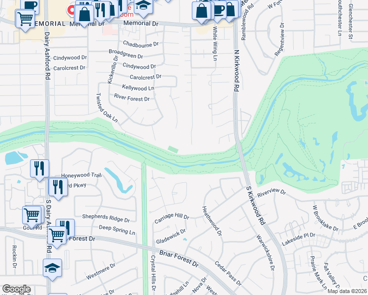 map of restaurants, bars, coffee shops, grocery stores, and more near 399 Rancho Bauer Drive in Houston