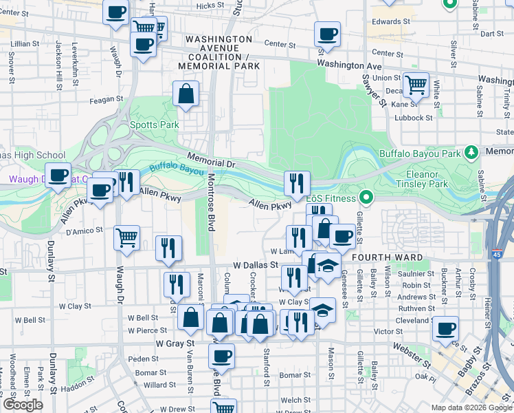 map of restaurants, bars, coffee shops, grocery stores, and more near Allen Parkway in Houston