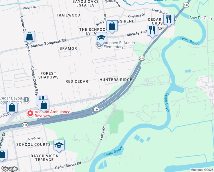 map of restaurants, bars, coffee shops, grocery stores, and more near 3750 North Alexander Drive in Baytown