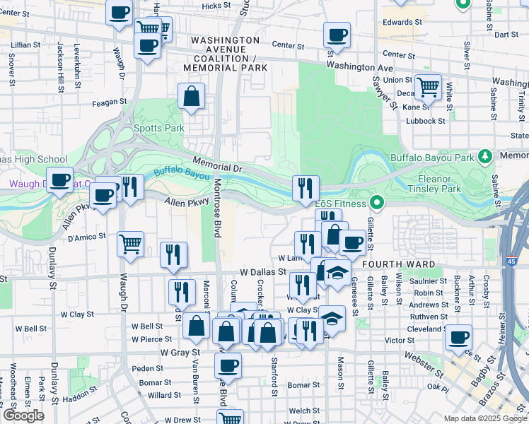 map of restaurants, bars, coffee shops, grocery stores, and more near Allen Parkway in Houston