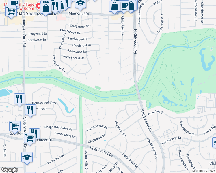 map of restaurants, bars, coffee shops, grocery stores, and more near 387 Rancho Bauer Drive in Houston
