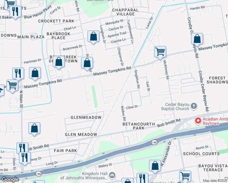 map of restaurants, bars, coffee shops, grocery stores, and more near 1118 Gemstone Court in Baytown